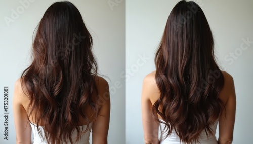 Woman displays hair transformation. Frizzy brown hair becomes smooth shiny and straight. Haircare makes hair healthy and manageable with good shine.