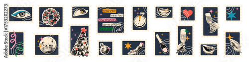 Christmas and New year post stamp set with halftone art collage cut outs. Various paper stickers with vintage dotted texture and doodles. Modern retro grunge mixed media vector illustration