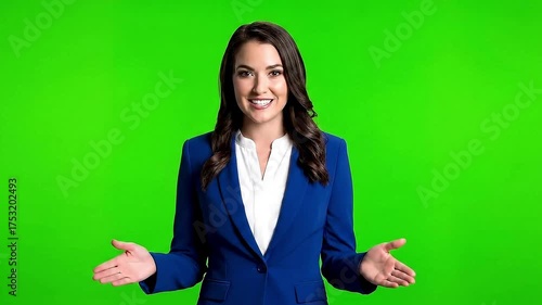 Female anchor using hand gestures during talk, isolated on a green screen background.