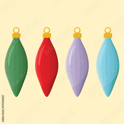 Set of colourful Christmas toys with bows. Holiday decorations vector illustration.