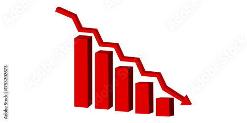 Red downward arrow chart showing stock market crash, financial trading loss, business investment crisis, falling price graph analysis