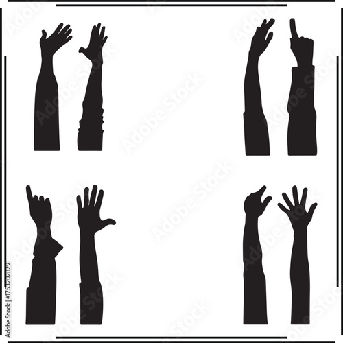 Hand Silhouettes Set - Raised Hands, Waving Hands, and Gesture Icons for Communication, Sign Language, Support, and Social Interaction