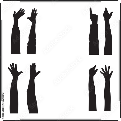 Hand Silhouettes Set - Raised Hands, Waving Hands, and Gesture Icons for Communication, Sign Language, Support, and Social Interaction