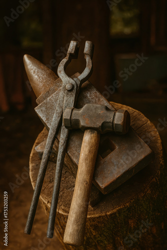  AI-Generated image, close-up of vintage blacksmith tools, a hammer and a pair of tongs, resting on a weathered anvil in a rustic workshop setting.
