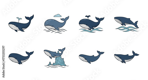 Collection of delightful cartoon whale illustrations, capturing their playful essence and marine charm in diverse poses and environments