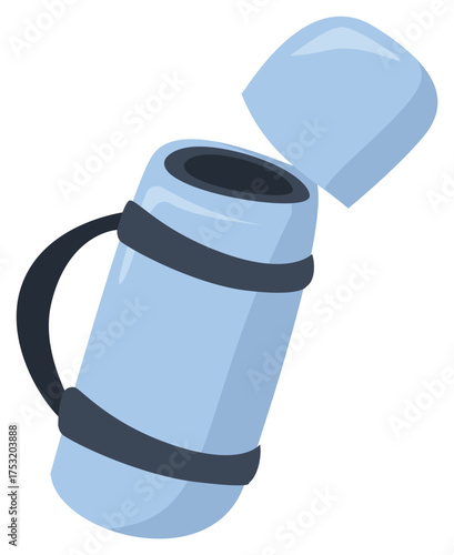 Camping light blue thermos with a black handle and lid, ideal for outdoor hot drinks. Perfect for campers and outdoor enthusiasts.