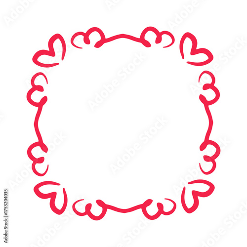 Hand-drawn doodle frame with heart shapes and swirls. Red romantic border isolated on transparent background with copy space .
