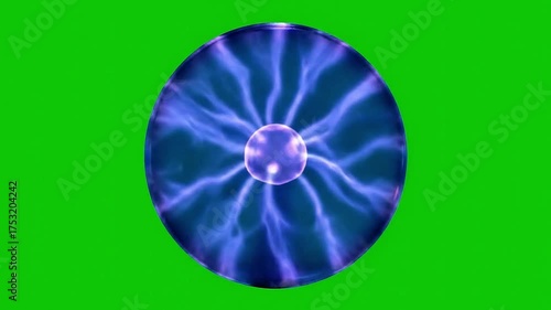 Futuristic plasma sphere rotating slowly, isolated on a green screen background