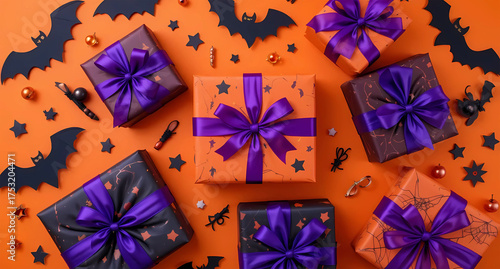 Festive halloween gifts with purple ribbon and bats on orange background