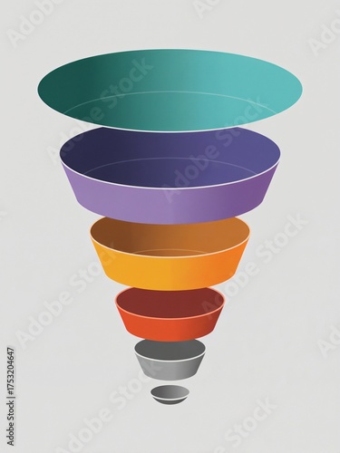 Multi-level sales funnel diagram template with six colored levels on a light background for marketing strategy, business processes, reports, dashboards, filtering, and selection.