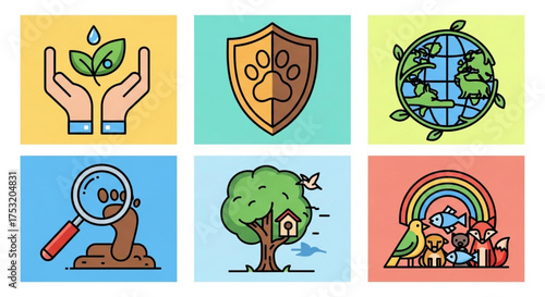 A set of colorful ecology icons representing environmental protection, animal welfare, and sustainability, showcasing the interconnectedness of nature and conservation efforts