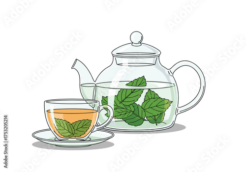 A refreshing cup of freshly brewed herbal tea with mint leaves steeped in a transparent teapot and a matching cup.