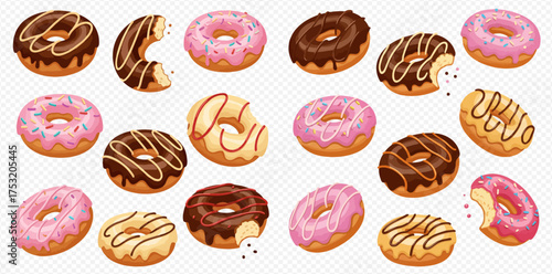A collection of colorful and delicious-looking donuts with various toppings and flavors, some with bites taken out.