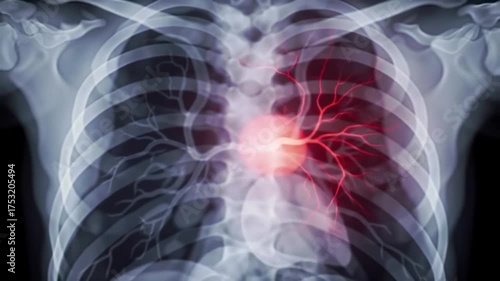 X-ray of human chest with highlighted lung and heart area, showing potential medical condition or disease.