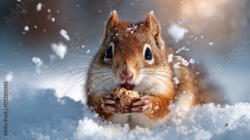 A cute squirrel munches on a snack while surrounded by a beautiful wintry landscape, capturing the essence of nature's beauty and resilience in the cold snow.