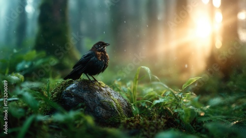 A blackbird stands elegantly on a moss-covered rock in a mystical forest, basking in the golden light of dawn, inviting feelings of wonder and connection to nature's beauty.