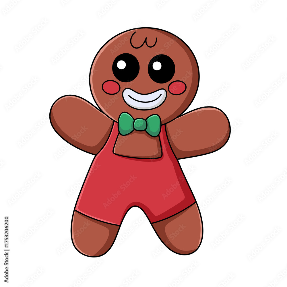 Fototapeta premium Cute smiling gingerbread man in red outfit with green bow tie, isolated on transparent background