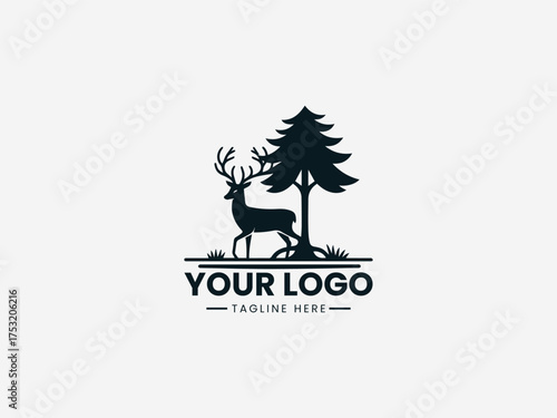 Forest venison vector logo showing wild deer silhouette in natural woodland landscape design