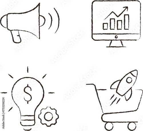 Minimalist marketing and advertising icons set — megaphone, growth chart, lightbulb with dollar and gear, and shopping cart with rocket symbolizing product launch and e-commerce innovation.