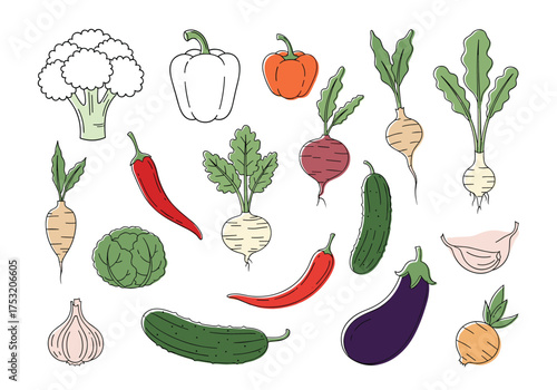 A colorful assortment of fresh vegetables displayed in a charming doodle style.
