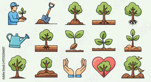 Illustration showing various stages of tree growth, from planting a seedling to a mature tree, with symbols of care and love for nature
