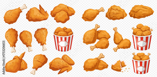 Illustration of fried chicken pieces, including drumsticks, wings, and nuggets, some in buckets.