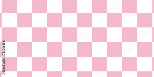 Checkerboard banner. Pink and White colors of checkerboard. Small squares, small cells. Chessboard, checkerboard texture. Squares pattern. Background. Repeatable texture.