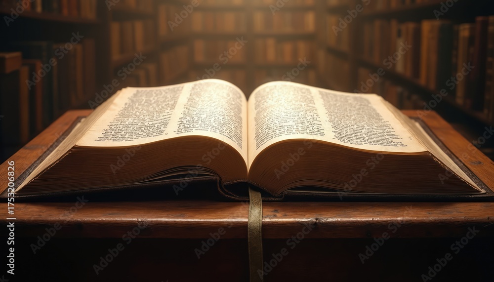 Fototapeta premium Open Bible on wooden table inside old library. Pages with scripture text illuminated by warm divine light. Ancient holy book represents study faith, spiritual wisdom. Christian religious concept of