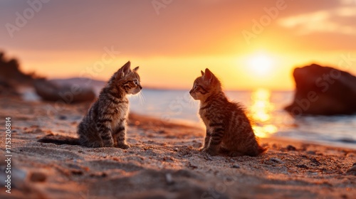 Two adorable kittens face each other on the sandy beach at sunset, showcasing the beauty of nature and the innocence of young animals in a tranquil setting.