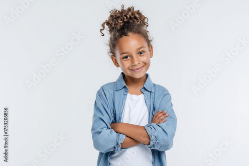 happy young girl casual outfit arms crossed background