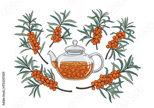A glass teapot filled with sea buckthorn berries surrounded by branches with berries and leaves.