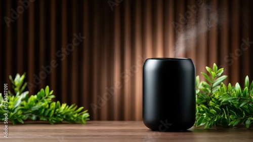 A minimalist image of a steaming black mug placed on a wooden table surrounded by green foliage, evoking a sense of comfort and inviting relaxation with earthy tones.