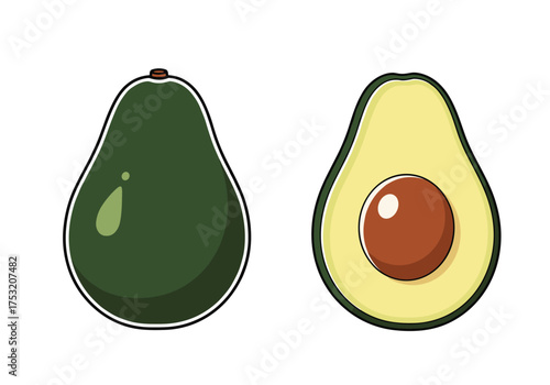 Avocado whole and sliced revealing its healthy flesh and large seed.