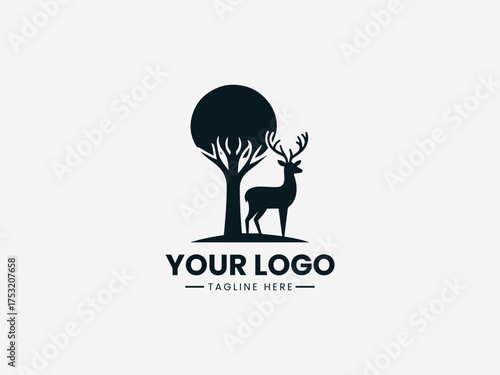 Forest venison vector logo showing wild deer silhouette in natural woodland landscape design
