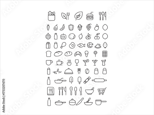 Outline Icon Set of Food Drinks Cooking and Restaurant Items