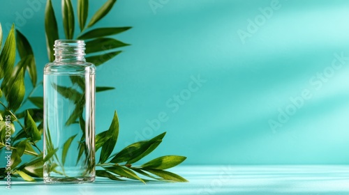 A beautifully arranged scene featuring a clear glass bottle next to fresh green leaves against a soft blue backdrop, embodying purity and minimalistic aesthetics in design.