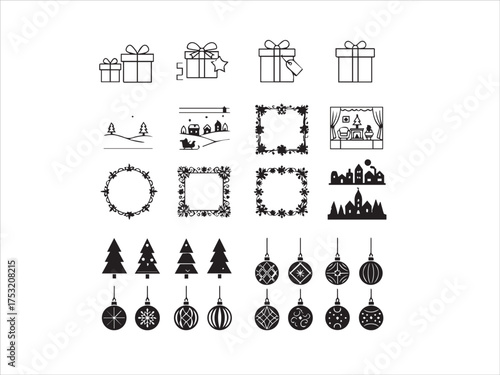 Black and White Christmas and Winter Icon Set Gifts Landscapes Frames and Ornaments