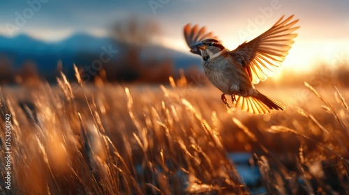 An enchanting image of a bird soaring through golden grasses illuminated by the warm glow of sunset, capturing the beauty of nature and freedom in a serene landscape.