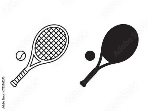 Tennis racket and ball outline and silhouette duo sports graphics