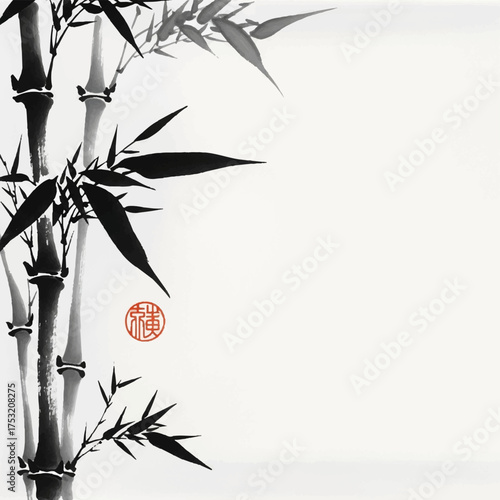 Bamboo Serenity An Elegant Ink Wash Painting of Verdant Stalks and Leaves in Asian Style