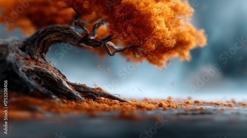 This beautifully crafted image of an orange tree adorned with striking autumn leaves showcases the rich colors of nature and symbolizes change, resilience, and the passage of time.