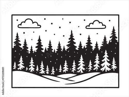Monochrome Winter Forest and Snowy Hills Landscape