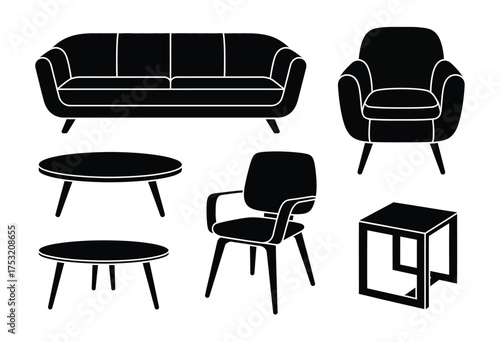 Vector furniture set sofa armchair coffee tables accent chair side table scalable eps icon silhouette vector illustration white background