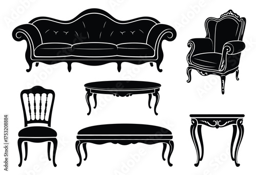 Elegant baroque furniture vector illustration set scalable vector graphics eps format silhouette vector illustration white background
