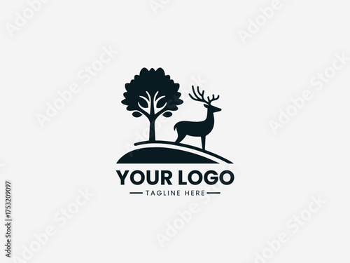 Forest venison vector logo showing wild deer silhouette in natural woodland landscape design