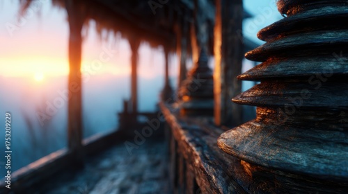 An artistic focus on wooden structures bathed in the glow of sunset, capturing the melancholic beauty of nature intertwined with rustic architectural elegance in a serene landscape.