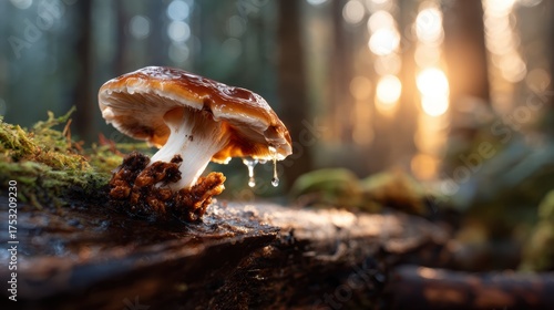 A captivating close-up of a mushroom covered in droplets, standing majestically on a decaying log, representing resilience and beauty in the heart of a sunlit forest.