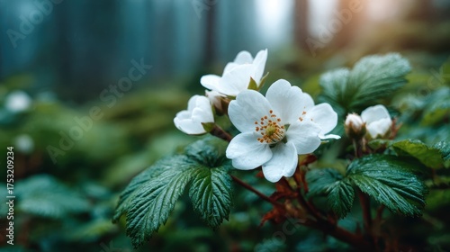 A close-up of beautiful white flowers surrounded by vibrant green foliage, showcasing the serene beauty of nature in a soft-focus forest setting illuminated by warm light.