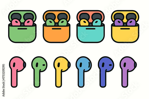 Colorful wireless earbuds: green, orange, and blue cases with matching earpieces