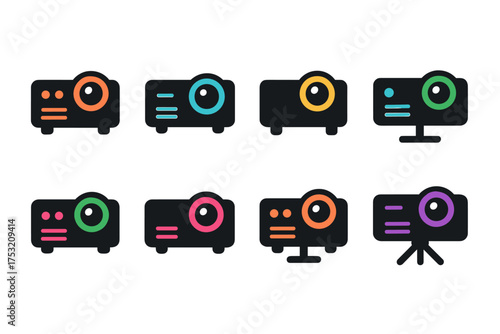 Colorful projector icons on white background with multiple lens variations